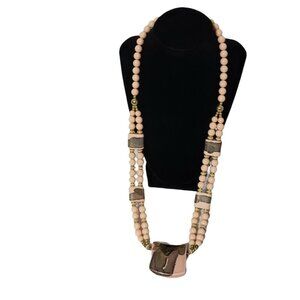 Vintage Peach Mixed Material 28" Beaded Estate Necklace Statement Peach Abstract